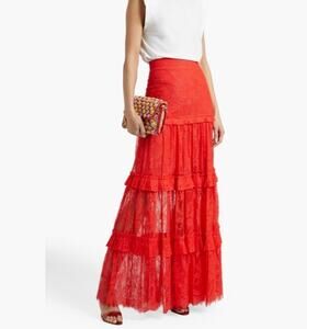 Alexis Yedda Tiered Pleated Chantilly Lace Maxi Skirt Red